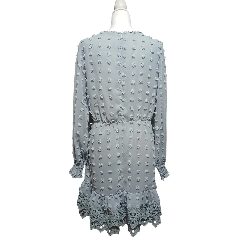 Simplee Light Blue Swiss Dot Crochet Lace Mini Dress Long Sleeve Size L - Picture 3 of 9